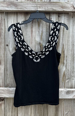 Gaby & Eden Black Knit Tank w White Beaded Embellished Neckline Statement Top M